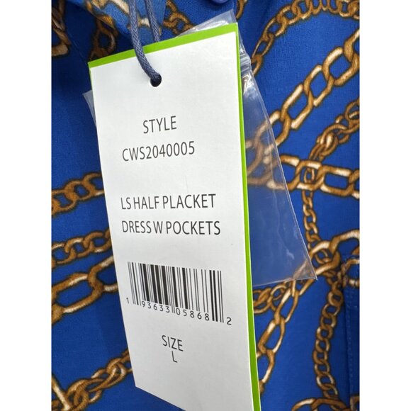 C. Wonder dress Blue Chain Print Long Sleeve tie belt shirtdress size large new - Picture 4 of 9